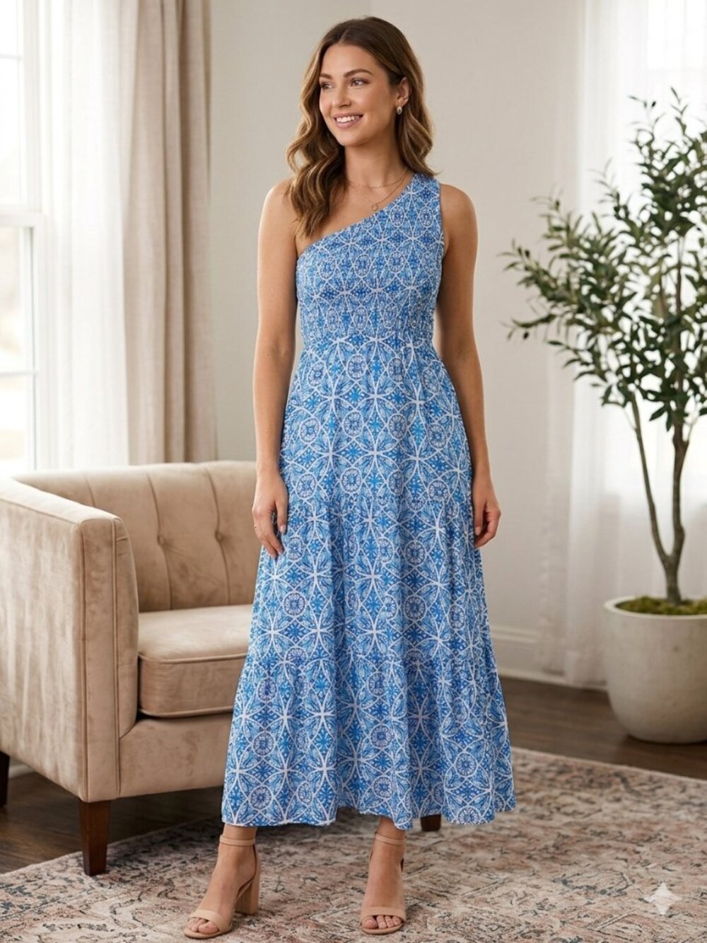 SHEIN - Blue and White Patterned Maxi Dress One Shoulder